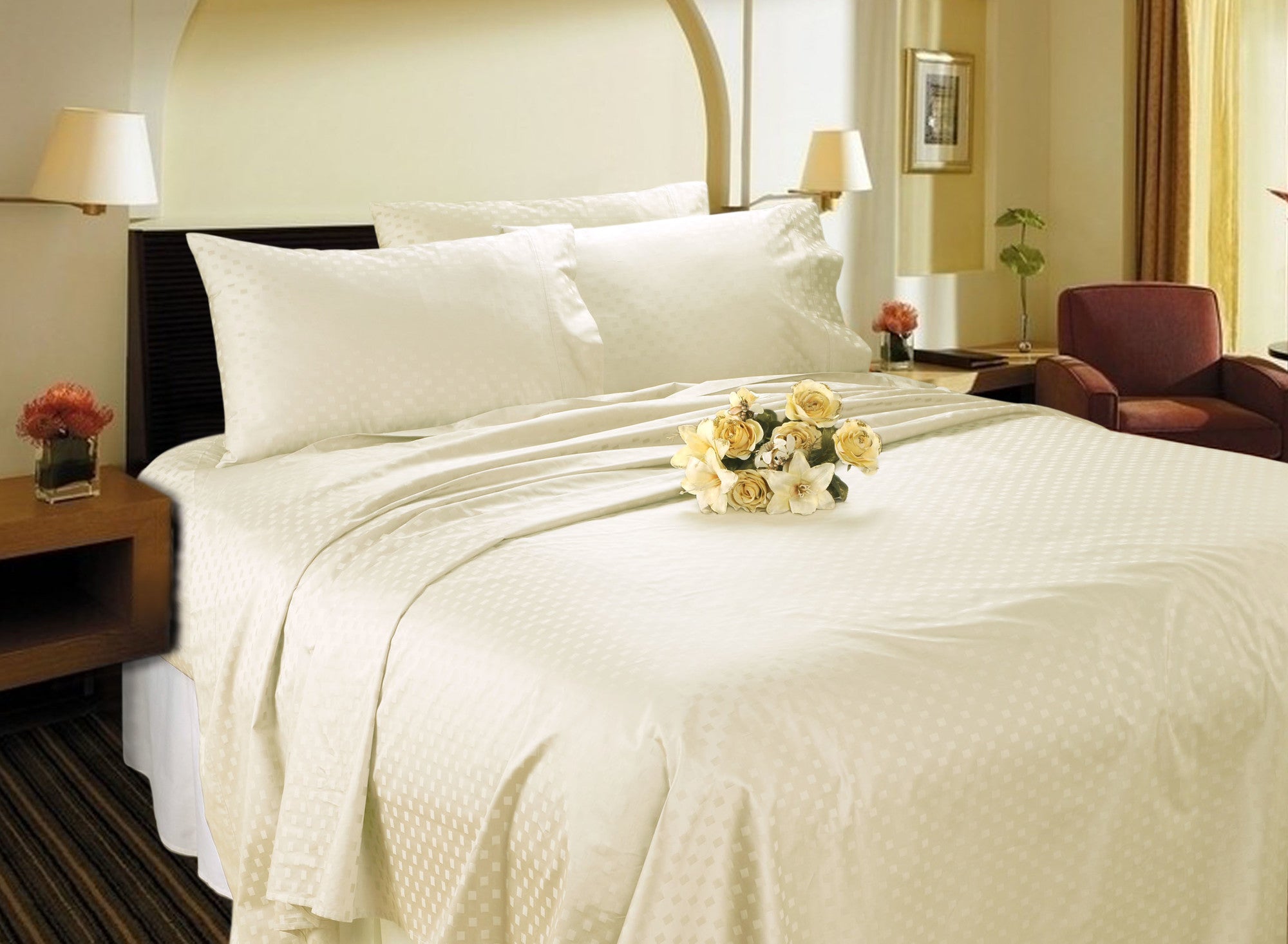 RAMESSES EGYPTIAN COTTON SATEEN DOBBY QUEEN SIZE CREAM/ IVORY COLOR SHEET SET