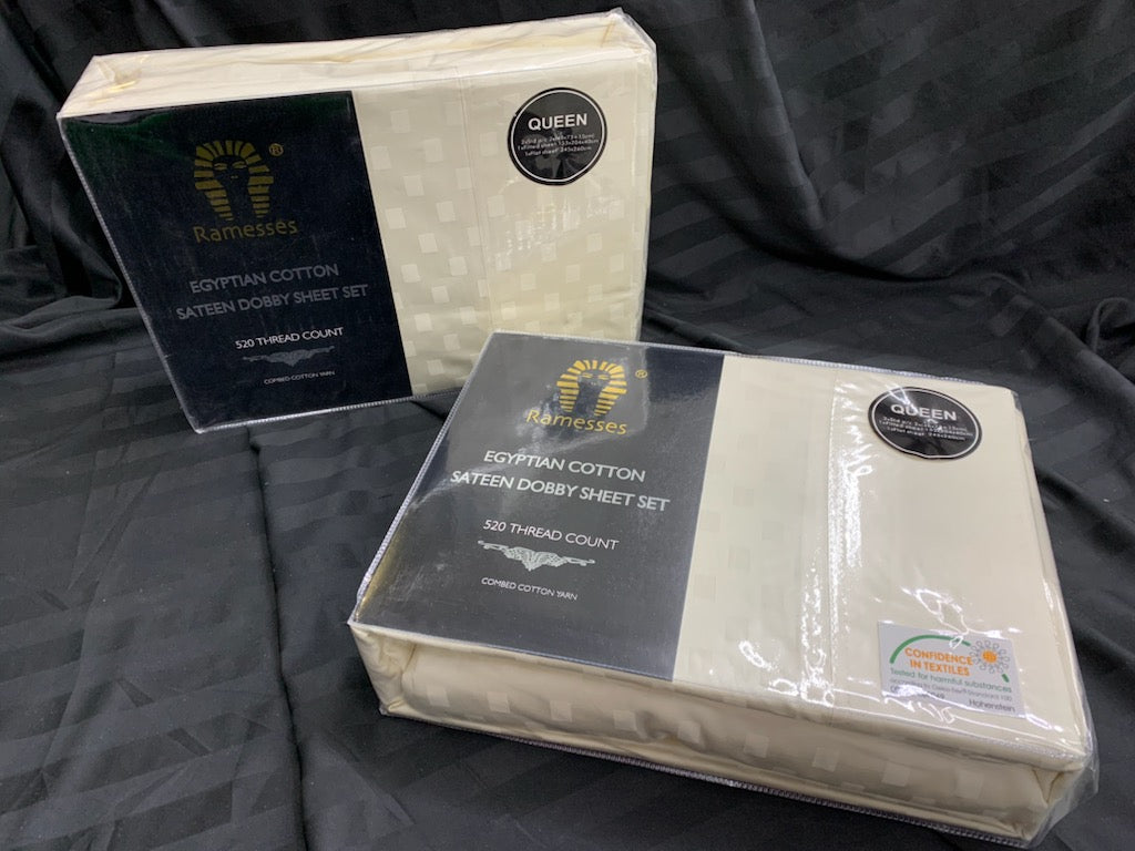 RAMESSES EGYPTIAN COTTON SATEEN DOBBY QUEEN SIZE CREAM/ IVORY COLOR SHEET SET