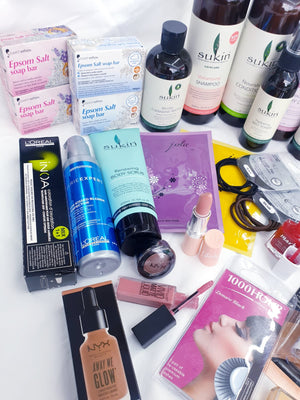 MEGA BEAUTY BOX OF 30 OR 100 PRODUCTS FOR YOUR SKIN HAIR MAKEUP NAILS EYES AND MORE ALL BRANDED