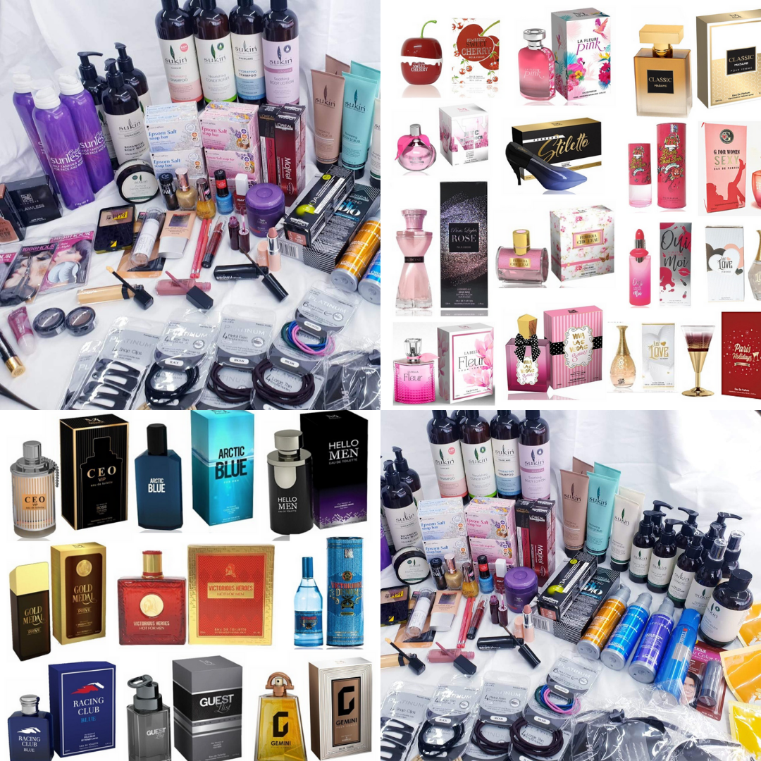 MONEY SAVING BUNDLE DEAL! MEGA BEAUTY BOX OF 100 PRODUCTS FOR YOUR SKIN HAIR MAKEUP NAILS EYES AND MORE ALL BRANDED + PACK OF 10 ASSORTED PERFUMES FOR HER OR HIM
