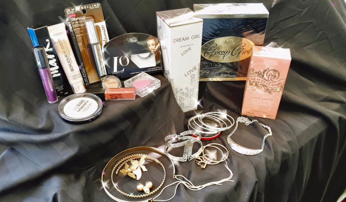 Teen girls and young women mystery box full of make up and jewelry and perfume